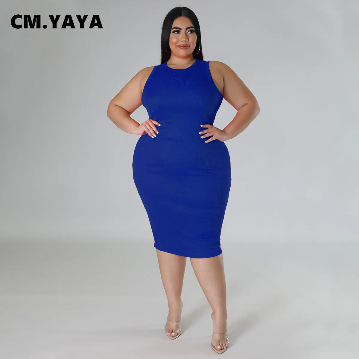 CM.YAYA Women Plus size Fashion Sleeveless Knit Ribbed Bodycon Midi Tank Dress High Street Vintage Party Evening Pencil Dresses CM.YAYA Women Plus size Fashion Sleeveless Knit Ribbed Bodycon Midi Tank Dress High Street Vintage Party Evening Pencil Dresses