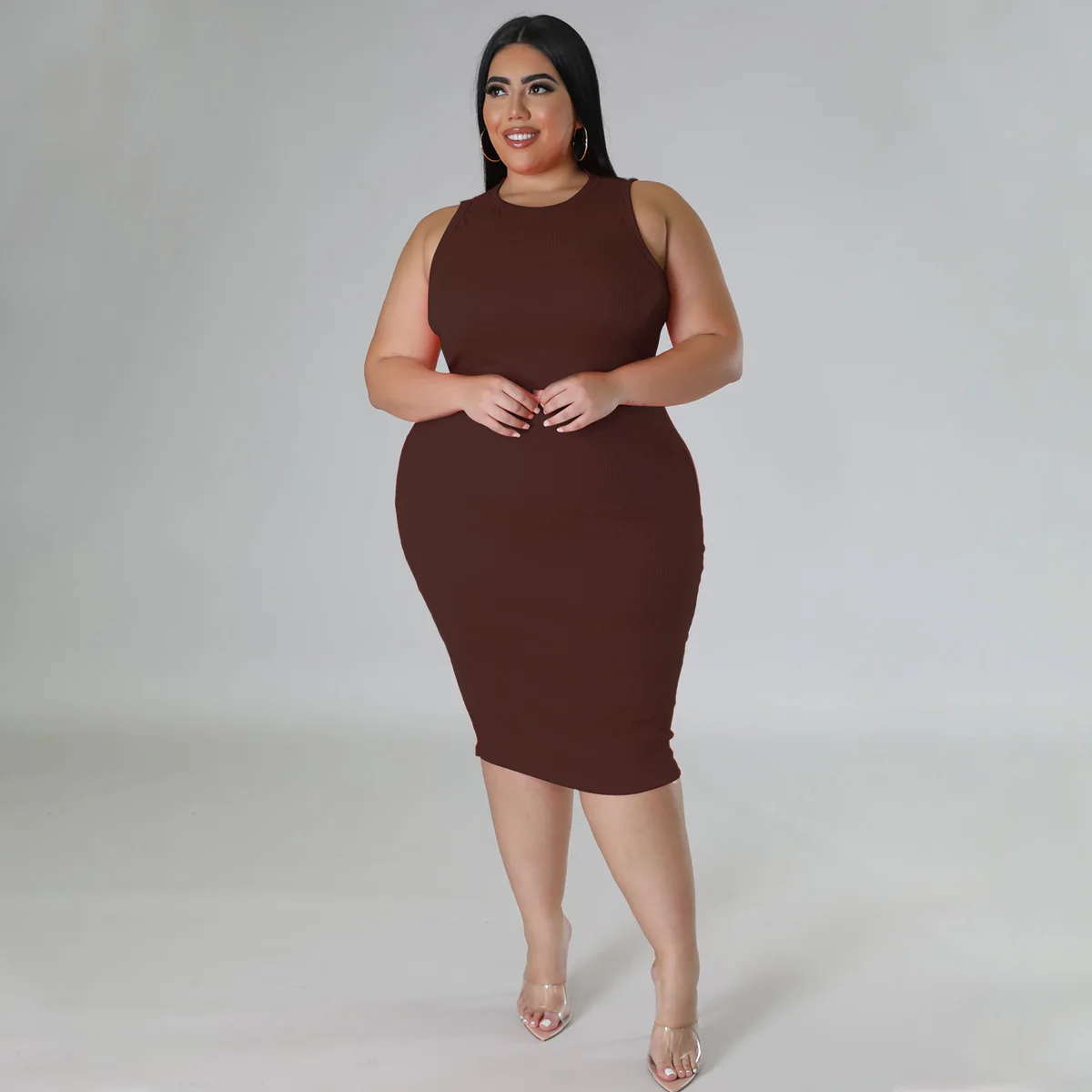 CM.YAYA Women Plus size Fashion Sleeveless Knit Ribbed Bodycon Midi Tank Dress High Street Vintage Party Evening Pencil Dresses