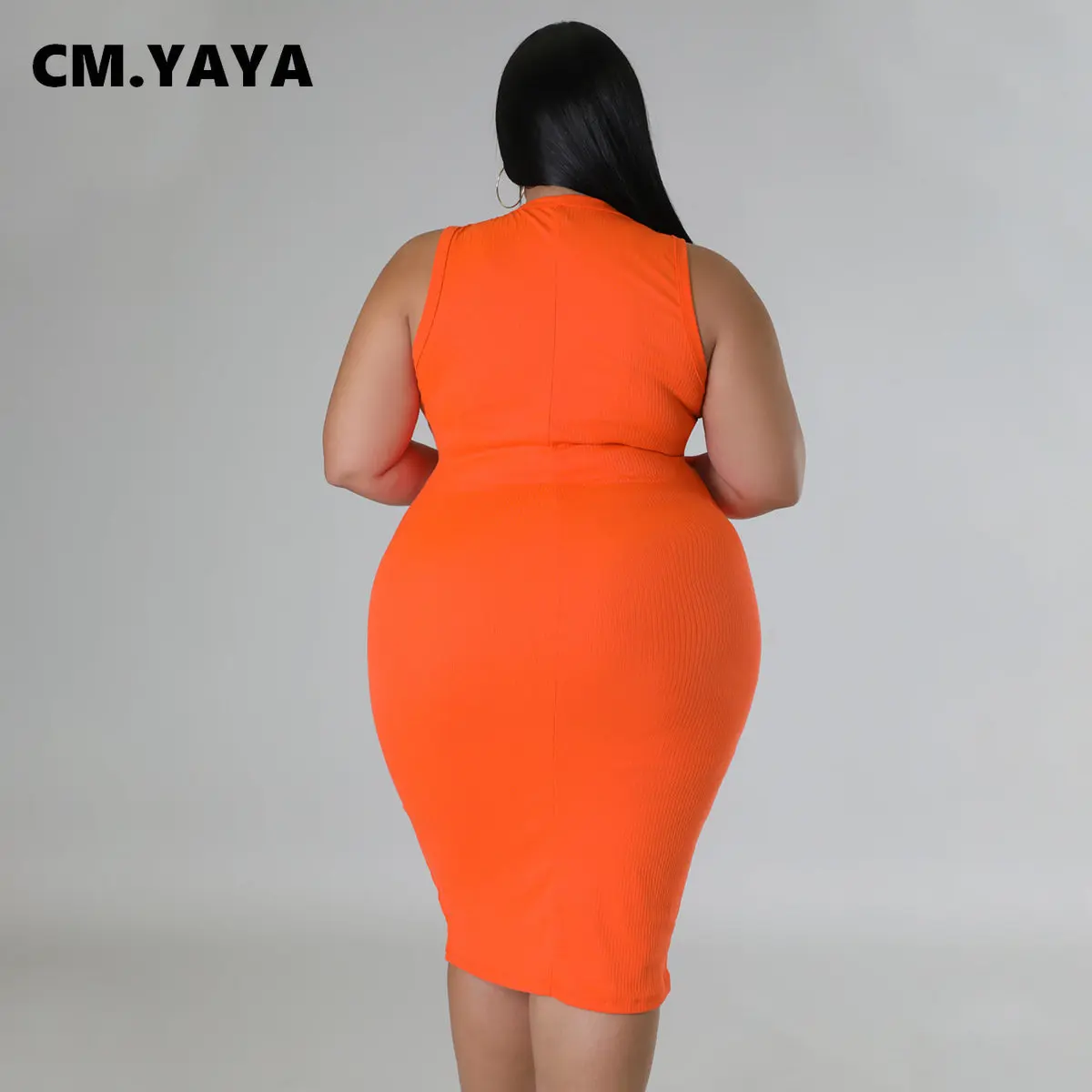 CM.YAYA Women Plus size Fashion Sleeveless Knit Ribbed Bodycon Midi Tank Dress High Street Vintage Party Evening Pencil Dresses CM.YAYA Women Plus size Fashion Sleeveless Knit Ribbed Bodycon Midi Tank Dress High Street Vintage Party Evening Pencil Dresses