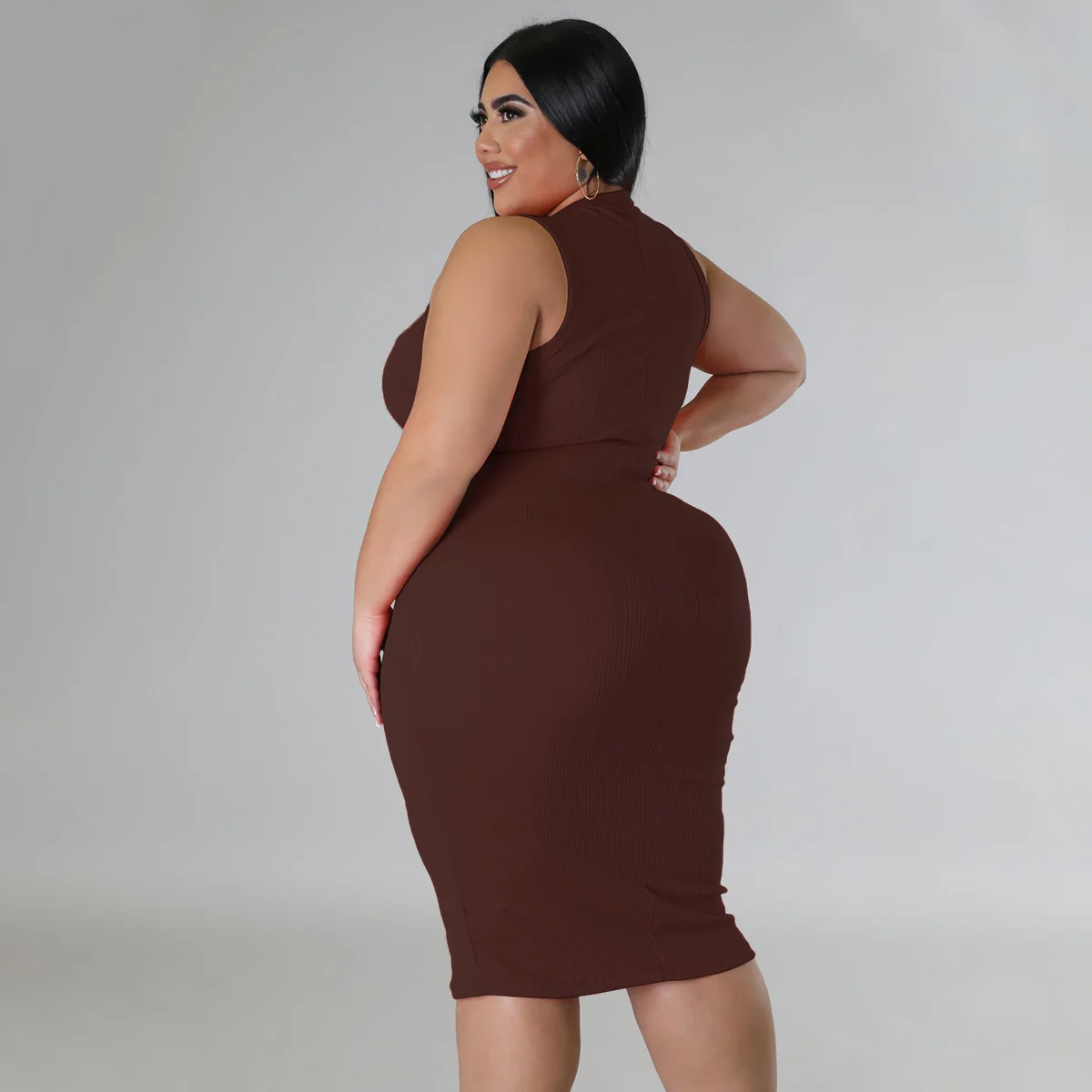 CM.YAYA Women Plus size Fashion Sleeveless Knit Ribbed Bodycon Midi Tank Dress High Street Vintage Party Evening Pencil Dresses