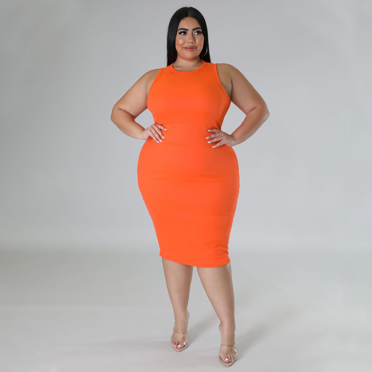 CM.YAYA Women Plus size Fashion Sleeveless Knit Ribbed Bodycon Midi Tank Dress High Street Vintage Party Evening Pencil Dresses