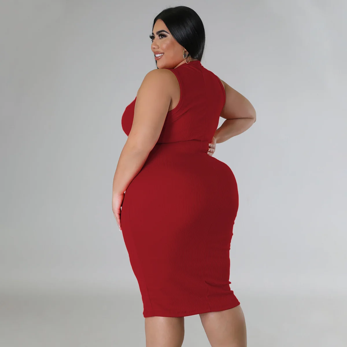 CM.YAYA Women Plus size Fashion Sleeveless Knit Ribbed Bodycon Midi Tank Dress High Street Vintage Party Evening Pencil Dresses