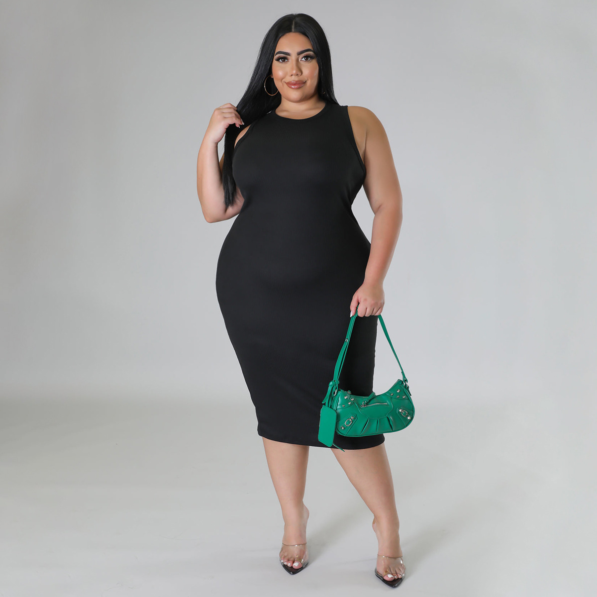 CM.YAYA Women Plus size Fashion Sleeveless Knit Ribbed Bodycon Midi Tank Dress High Street Vintage Party Evening Pencil Dresses