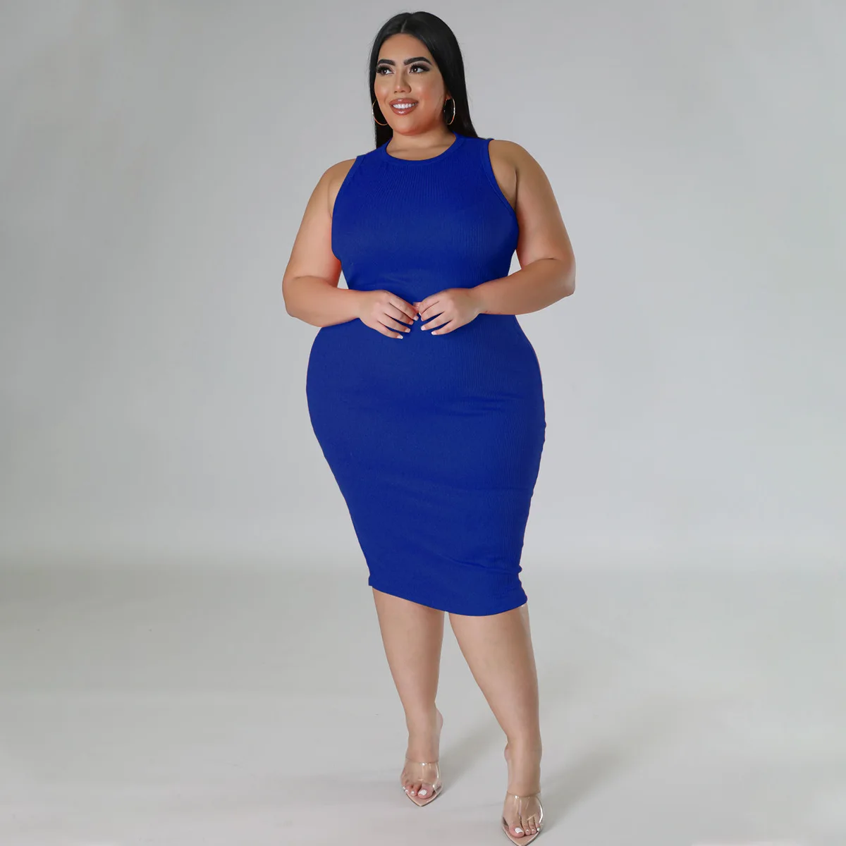 CM.YAYA Women Plus size Fashion Sleeveless Knit Ribbed Bodycon Midi Tank Dress High Street Vintage Party Evening Pencil Dresses