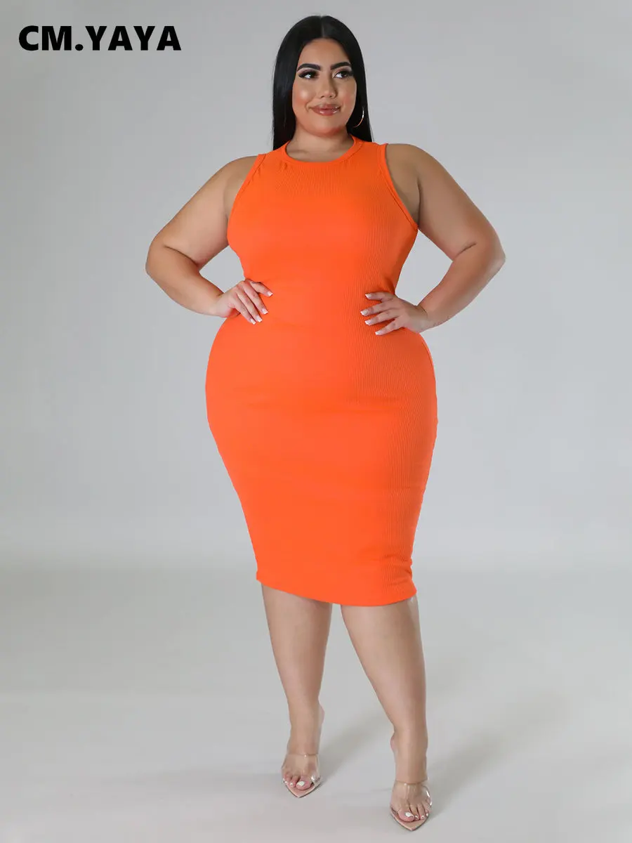 CM.YAYA Women Plus size Fashion Sleeveless Knit Ribbed Bodycon Midi Tank Dress High Street Vintage Party Evening Pencil Dresses CM.YAYA Women Plus size Fashion Sleeveless Knit Ribbed Bodycon Midi Tank Dress High Street Vintage Party Evening Pencil Dresses