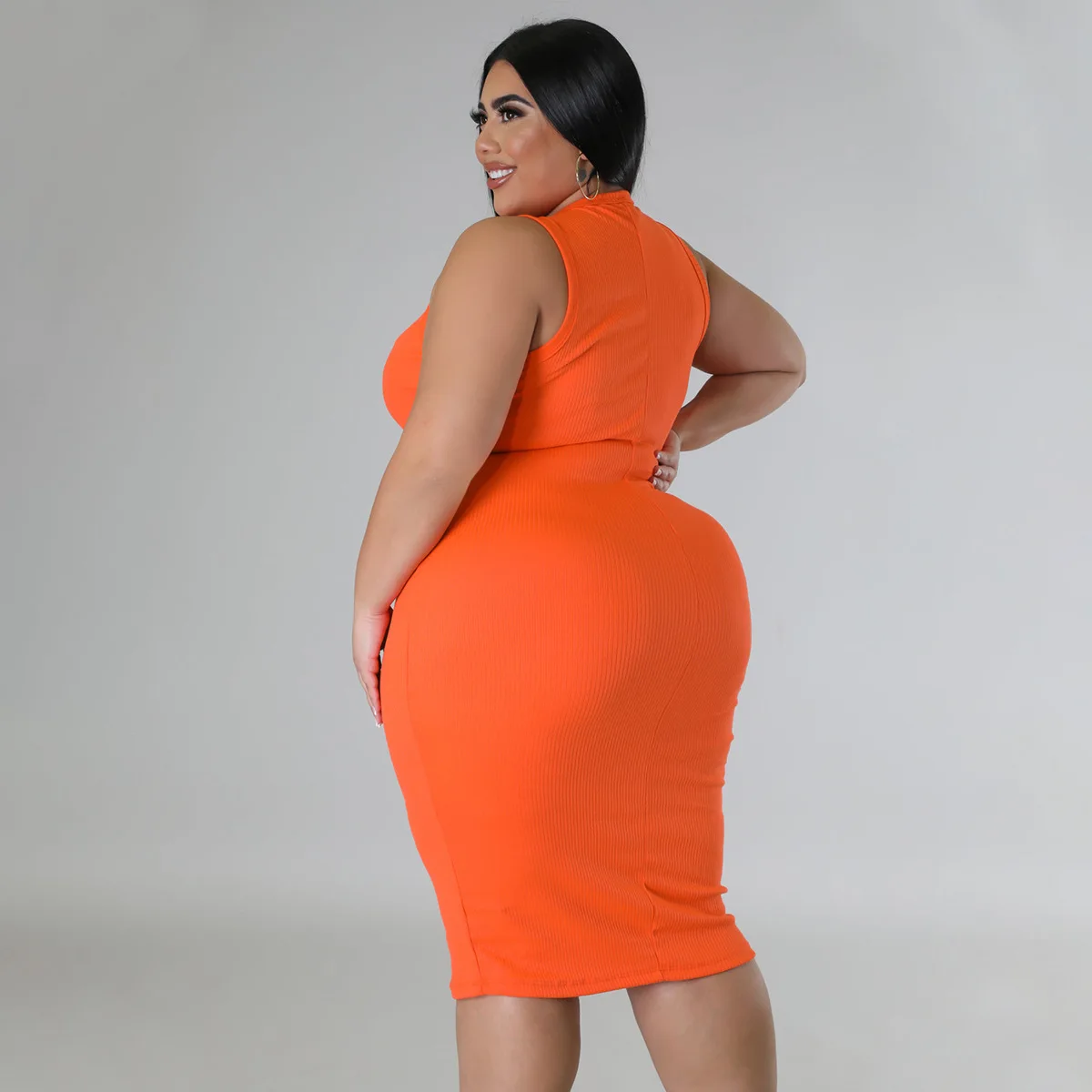 CM.YAYA Women Plus size Fashion Sleeveless Knit Ribbed Bodycon Midi Tank Dress High Street Vintage Party Evening Pencil Dresses