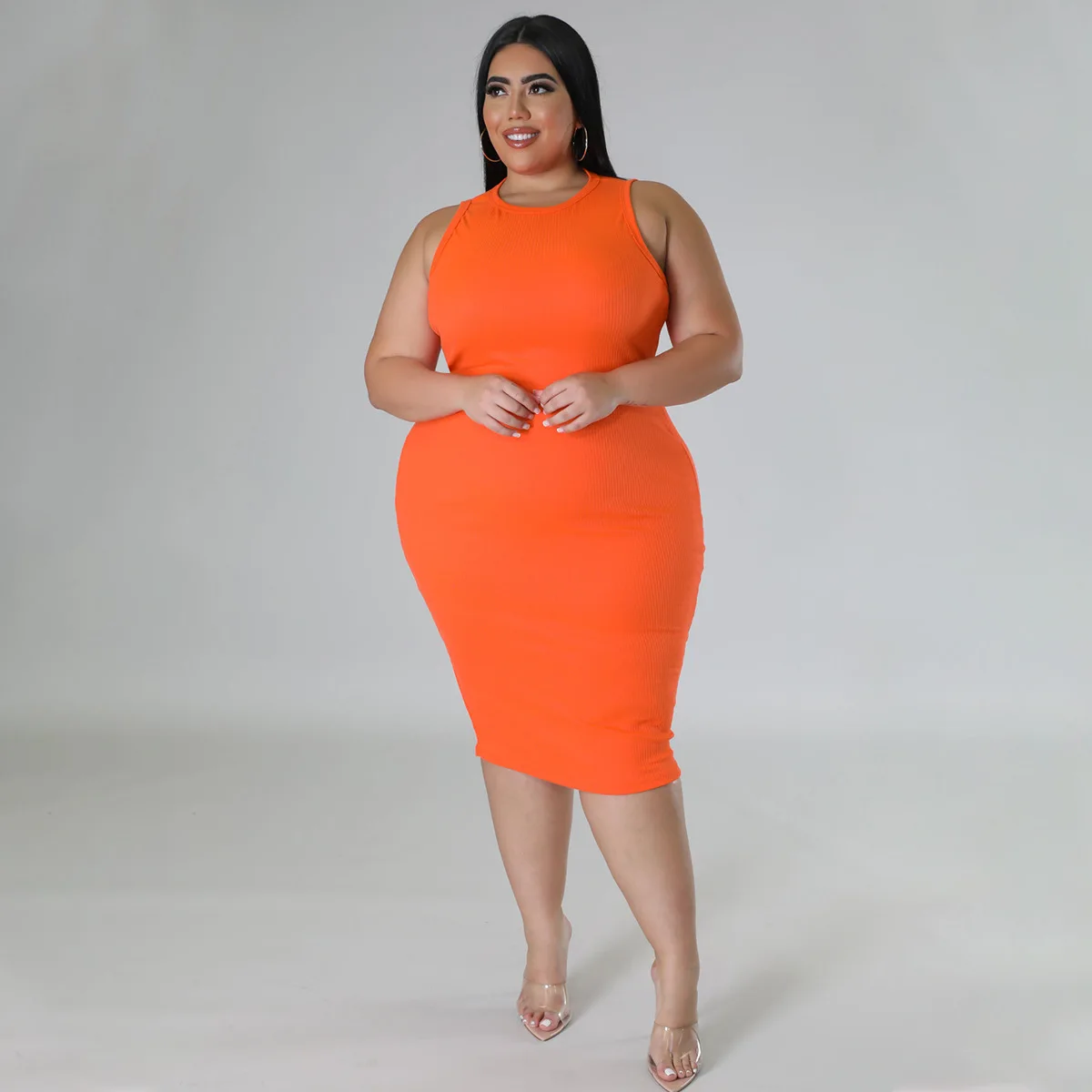 CM.YAYA Women Plus size Fashion Sleeveless Knit Ribbed Bodycon Midi Tank Dress High Street Vintage Party Evening Pencil Dresses