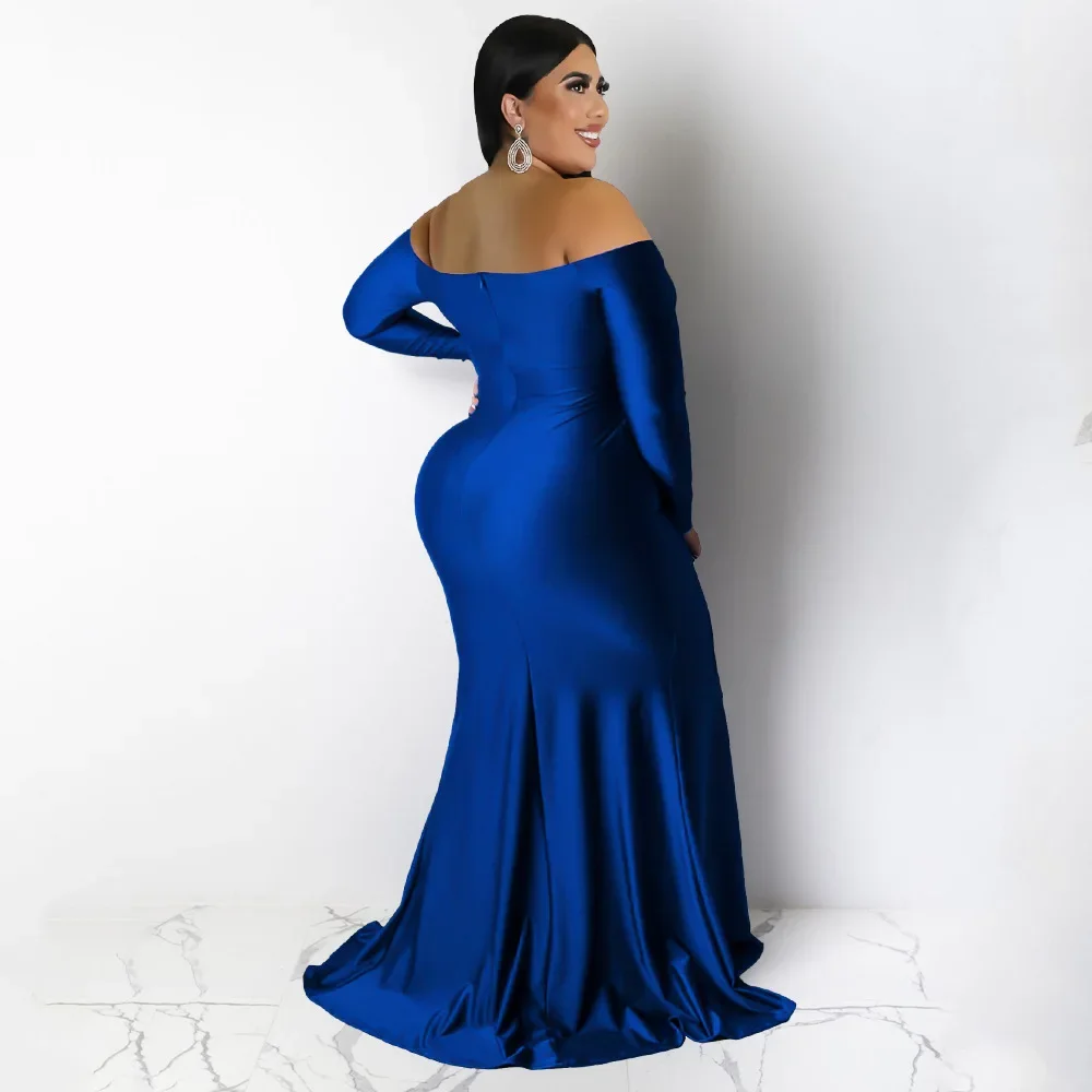 CMYAYA Plus Size Women Off Shoulder V-neck High Side Slit Mermaid Birthday Long Sleeve Long Maxi Dresses Sexy Party Prom Dress