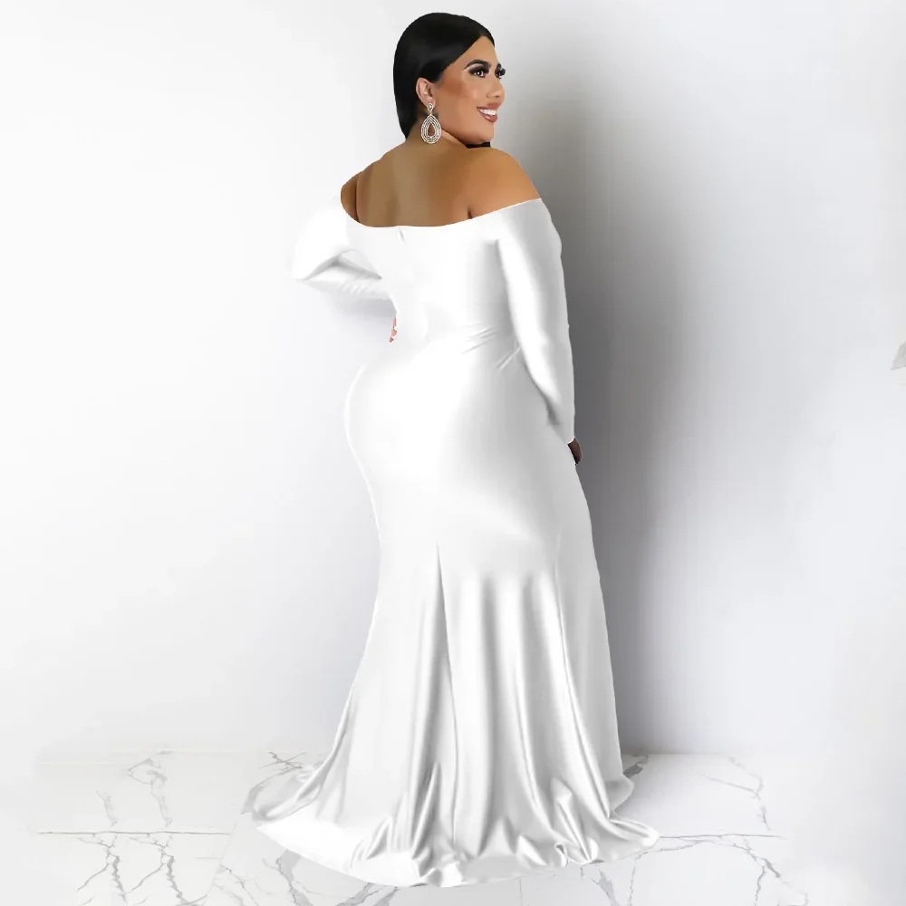 CMYAYA Plus Size Women Off Shoulder V-neck High Side Slit Mermaid Birthday Long Sleeve Long Maxi Dresses Sexy Party Prom Dress