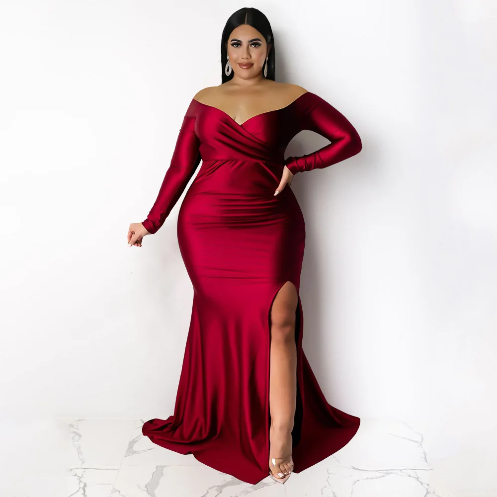 CMYAYA Plus Size Women Off Shoulder V-neck High Side Slit Mermaid Birthday Long Sleeve Long Maxi Dresses Sexy Party Prom Dress