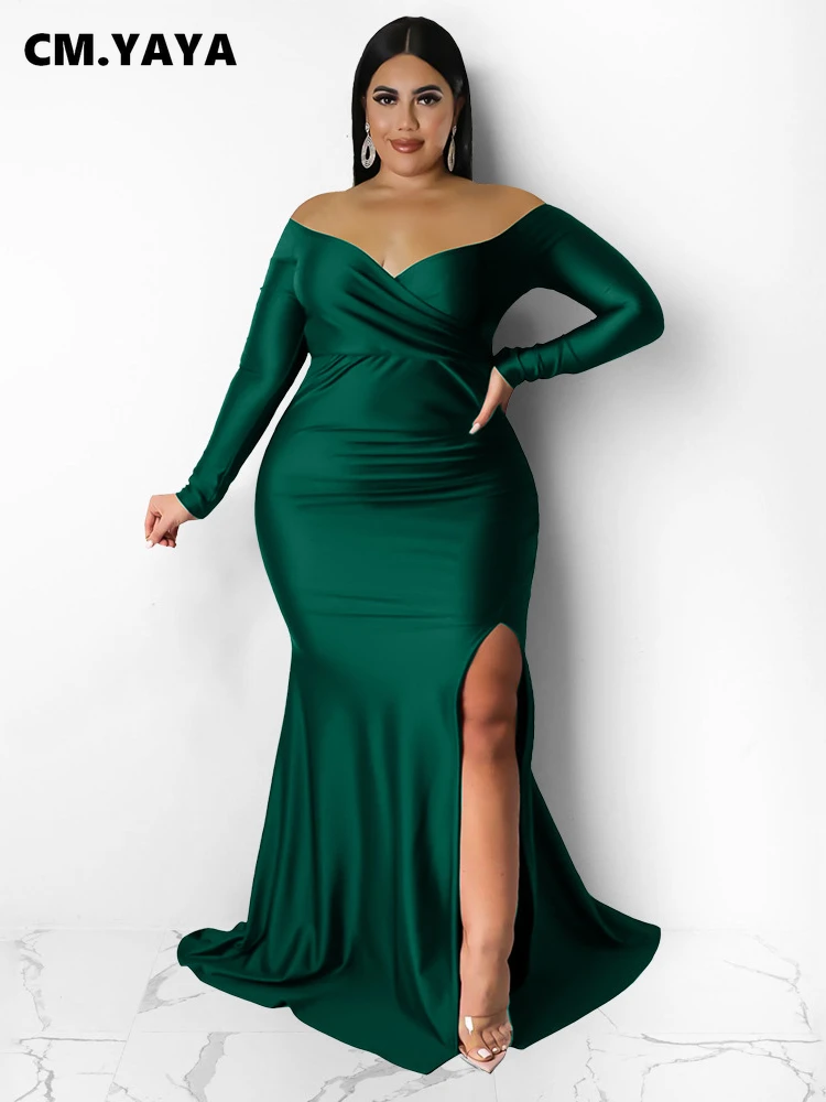 CMYAYA Plus Size Women Off Shoulder V-neck High Side Slit Mermaid Birthday Long Sleeve Long Maxi Dresses Sexy Party Prom Dress