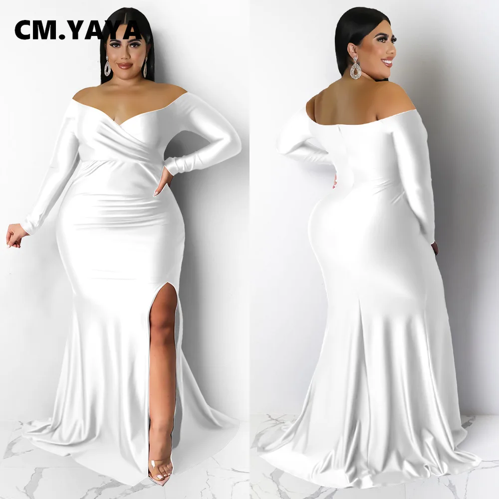 CMYAYA Plus Size Women Off Shoulder V-neck High Side Slit Mermaid Birthday Long Sleeve Long Maxi Dresses Sexy Party Prom Dress