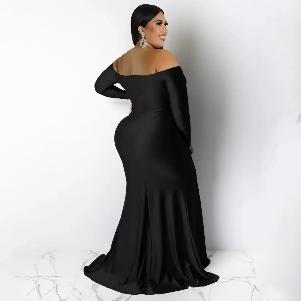 CMYAYA Plus Size Women Off Shoulder V-neck High Side Slit Mermaid Birthday Long Sleeve Long Maxi Dresses Sexy Party Prom Dress