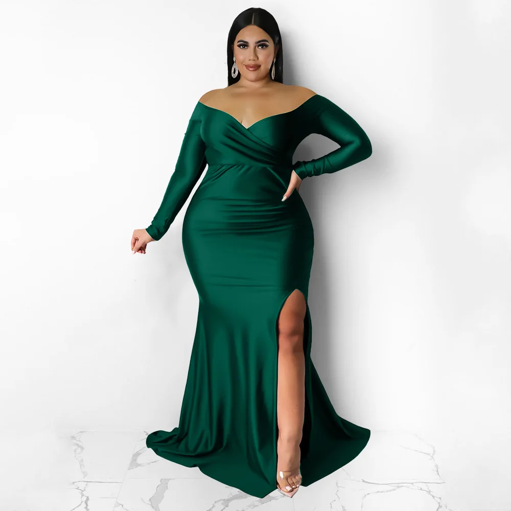 CMYAYA Plus Size Women Off Shoulder V-neck High Side Slit Mermaid Birthday Long Sleeve Long Maxi Dresses Sexy Party Prom Dress