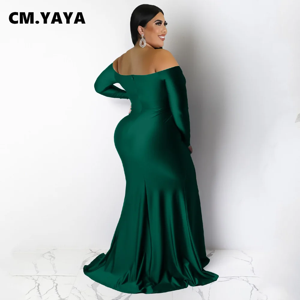 CMYAYA Plus Size Women Off Shoulder V-neck High Side Slit Mermaid Birthday Long Sleeve Long Maxi Dresses Sexy Party Prom Dress