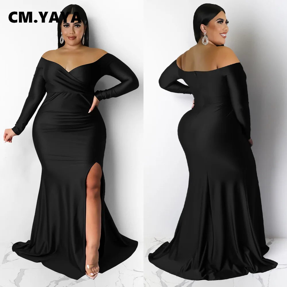 CMYAYA Plus Size Women Off Shoulder V-neck High Side Slit Mermaid Birthday Long Sleeve Long Maxi Dresses Sexy Party Prom Dress