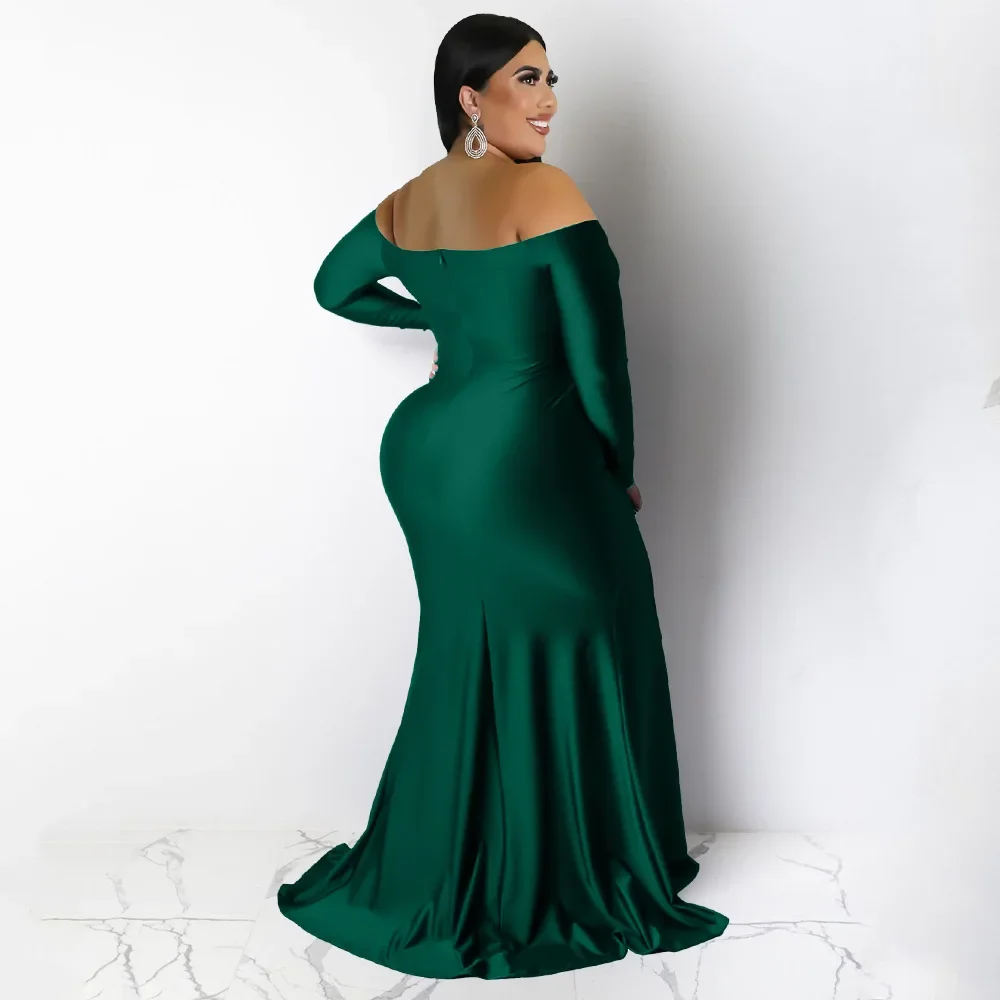 CMYAYA Plus Size Women Off Shoulder V-neck High Side Slit Mermaid Birthday Long Sleeve Long Maxi Dresses Sexy Party Prom Dress