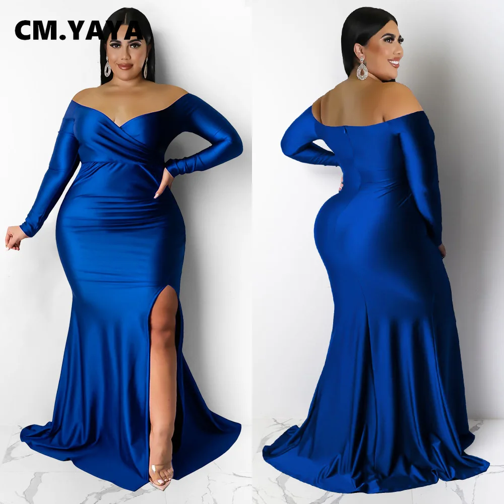 CMYAYA Plus Size Women Off Shoulder V-neck High Side Slit Mermaid Birthday Long Sleeve Long Maxi Dresses Sexy Party Prom Dress