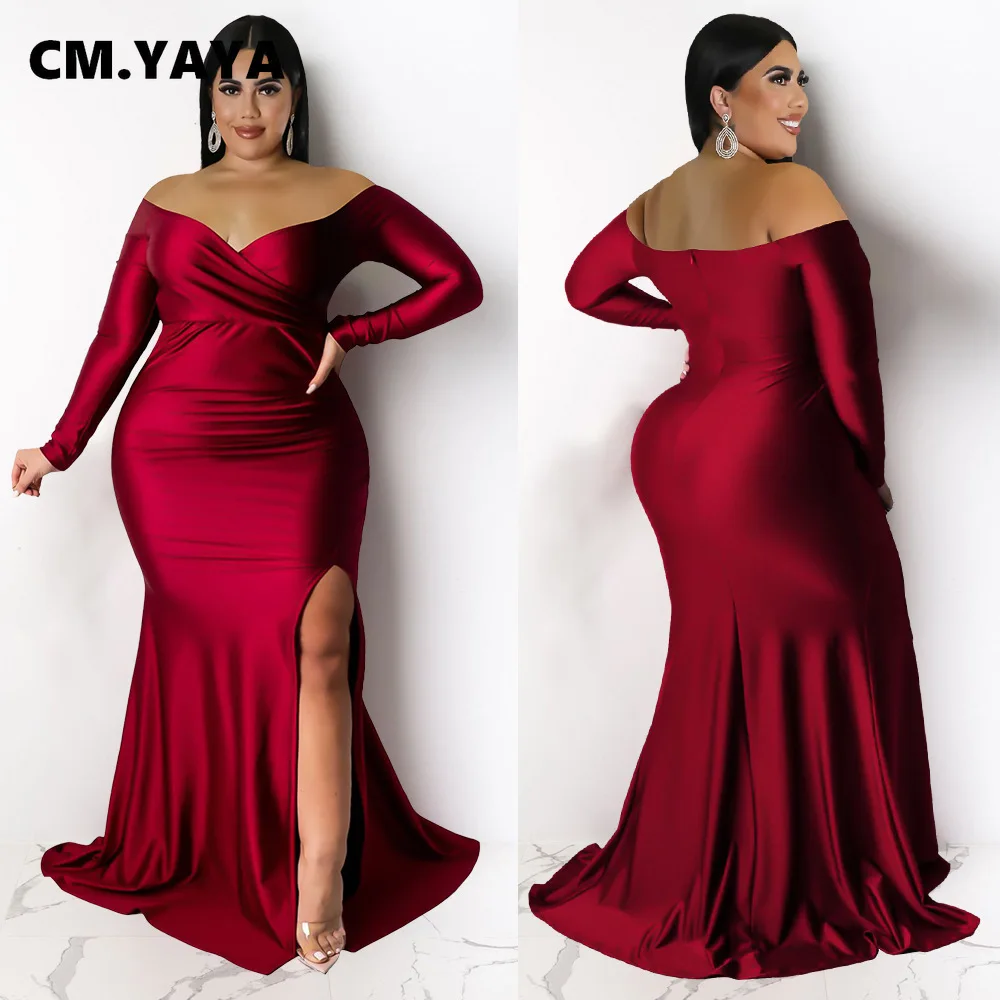 CMYAYA Plus Size Women Off Shoulder V-neck High Side Slit Mermaid Birthday Long Sleeve Long Maxi Dresses Sexy Party Prom Dress