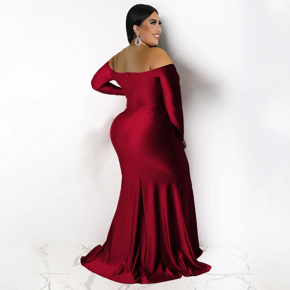CMYAYA Plus Size Women Off Shoulder V-neck High Side Slit Mermaid Birthday Long Sleeve Long Maxi Dresses Sexy Party Prom Dress
