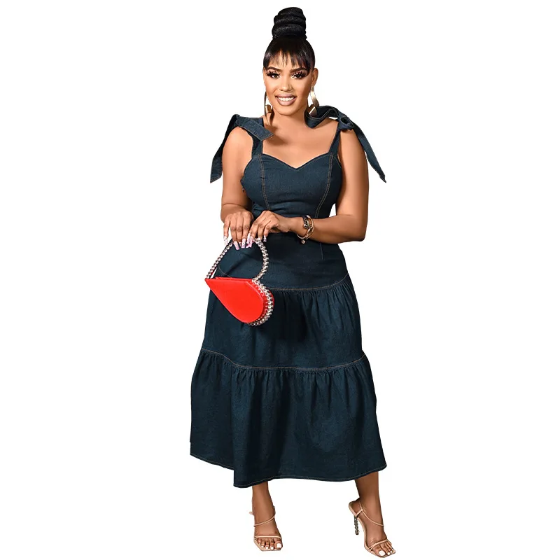 CM.YAYA Plus Size Women A-line Strap Sleeveless Elegant Denim Jean Midi Dress 2024 Summer Night Club Casual Streetwear Dresses
