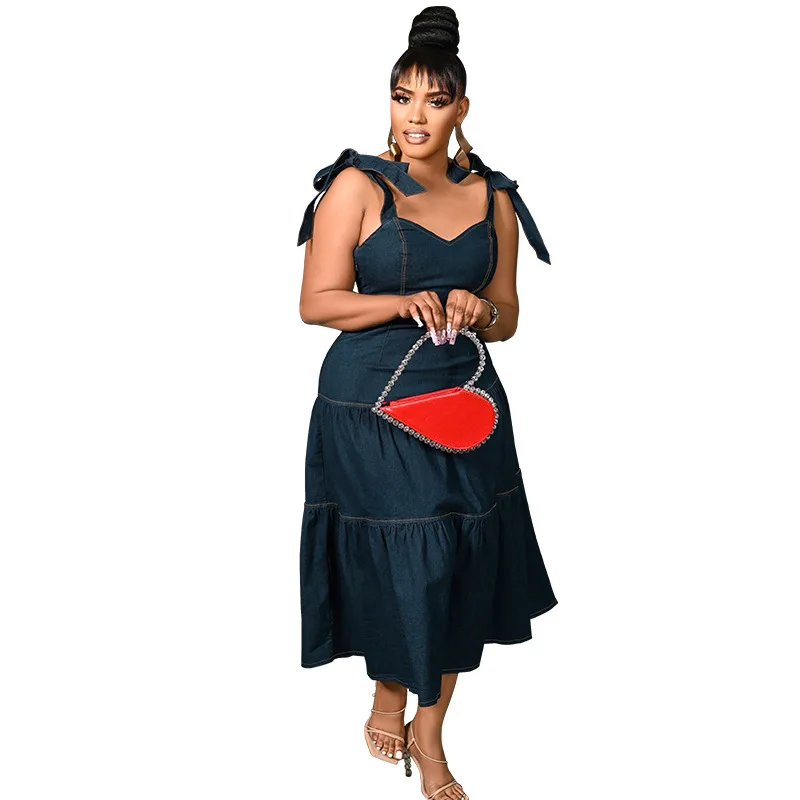 CM.YAYA Plus Size Women A-line Strap Sleeveless Elegant Denim Jean Midi Dress 2024 Summer Night Club Casual Streetwear Dresses
