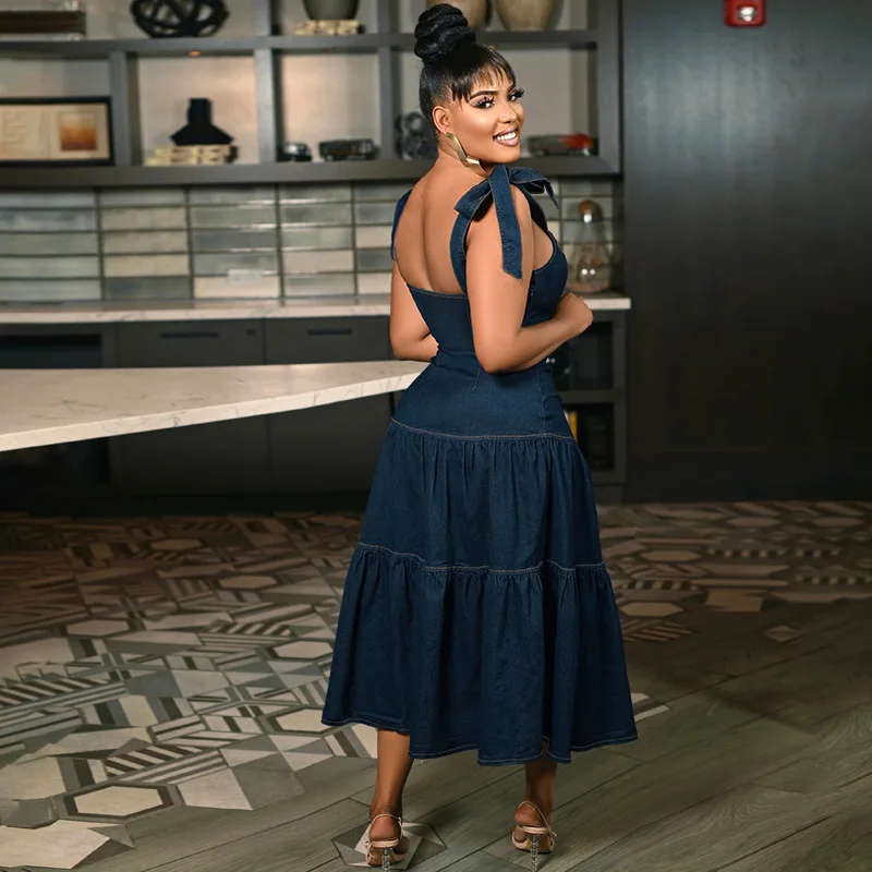 CM.YAYA Plus Size Women A-line Strap Sleeveless Elegant Denim Jean Midi Dress 2024 Summer Night Club Casual Streetwear Dresses