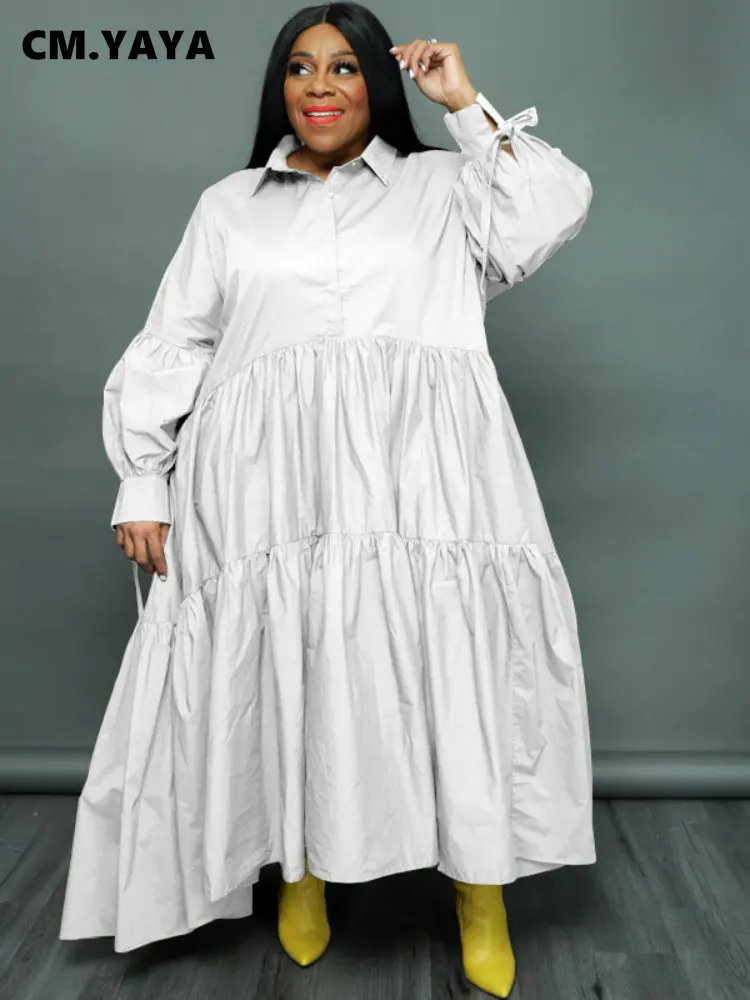 CM.YAYA Plus Size Women Lapel Collar Long Sleeve Single Breasted High Low Asymmetrical Big Swing Loose Shirt Smock Maxi Dress
