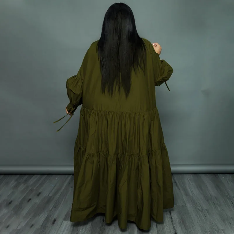 CM.YAYA Plus Size Women Lapel Collar Long Sleeve Single Breasted High Low Asymmetrical Big Swing Loose Shirt Smock Maxi Dress