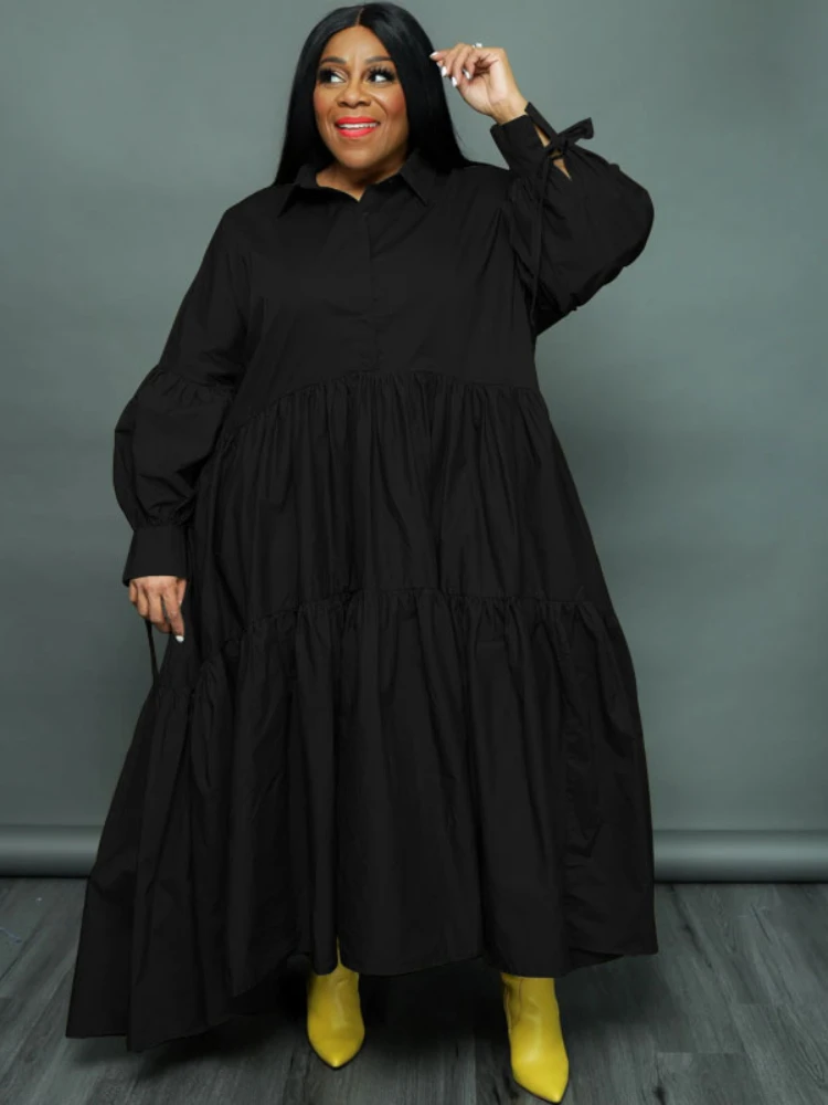 CM.YAYA Plus Size Women Lapel Collar Long Sleeve Single Breasted High Low Asymmetrical Big Swing Loose Shirt Smock Maxi Dress