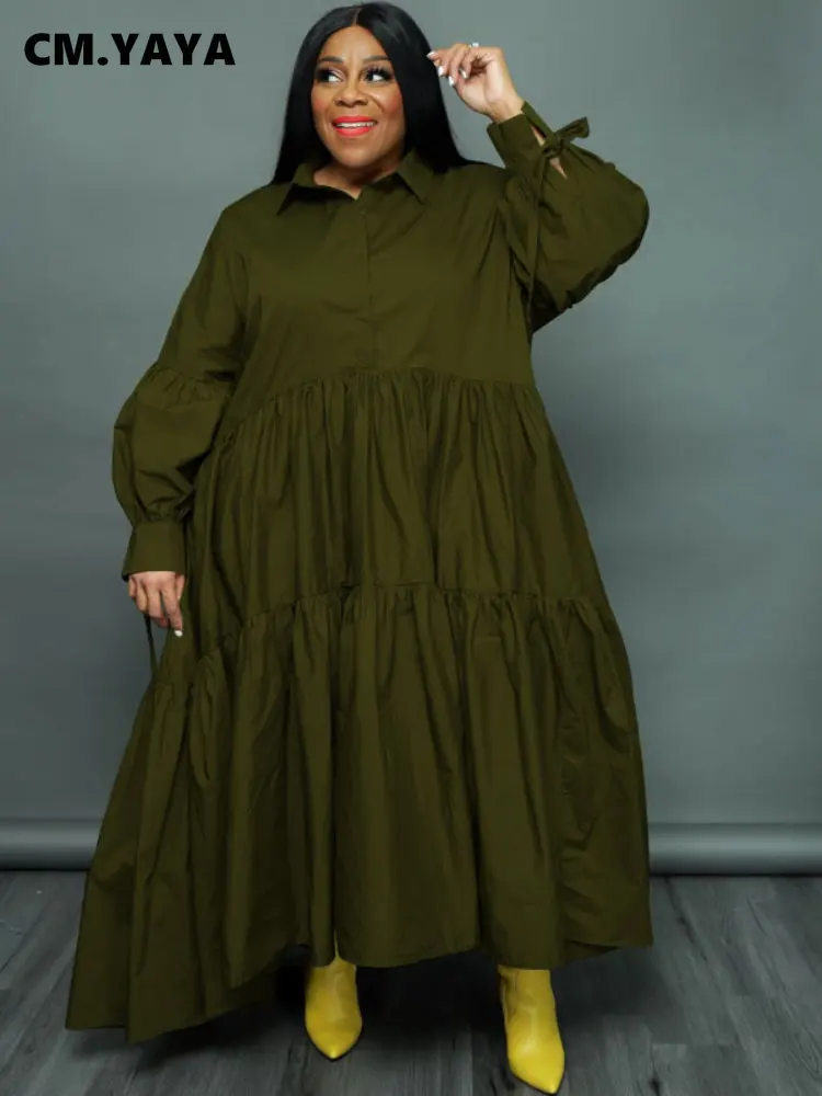 CM.YAYA Plus Size Women Lapel Collar Long Sleeve Single Breasted High Low Asymmetrical Big Swing Loose Shirt Smock Maxi Dress