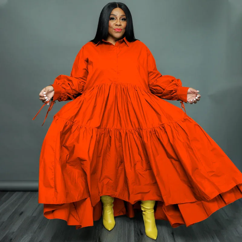 CM.YAYA Plus Size Women Lapel Collar Long Sleeve Single Breasted High Low Asymmetrical Big Swing Loose Shirt Smock Maxi Dress
