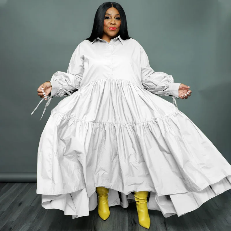 CM.YAYA Plus Size Women Lapel Collar Long Sleeve Single Breasted High Low Asymmetrical Big Swing Loose Shirt Smock Maxi Dress
