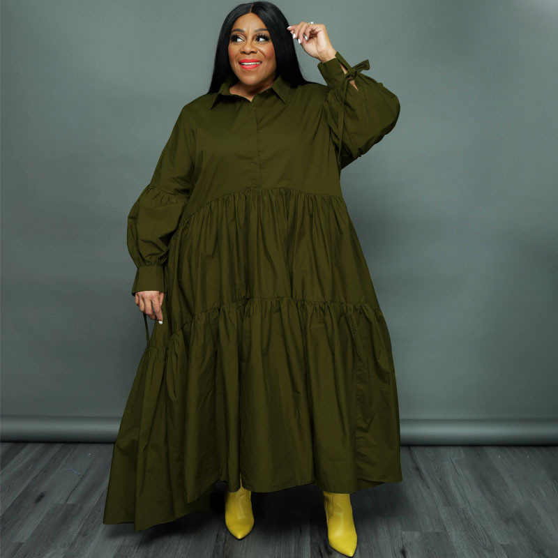 CM.YAYA Plus Size Women Lapel Collar Long Sleeve Single Breasted High Low Asymmetrical Big Swing Loose Shirt Smock Maxi Dress