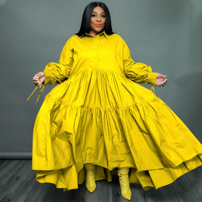 CM.YAYA Plus Size Women Lapel Collar Long Sleeve Single Breasted High Low Asymmetrical Big Swing Loose Shirt Smock Maxi Dress