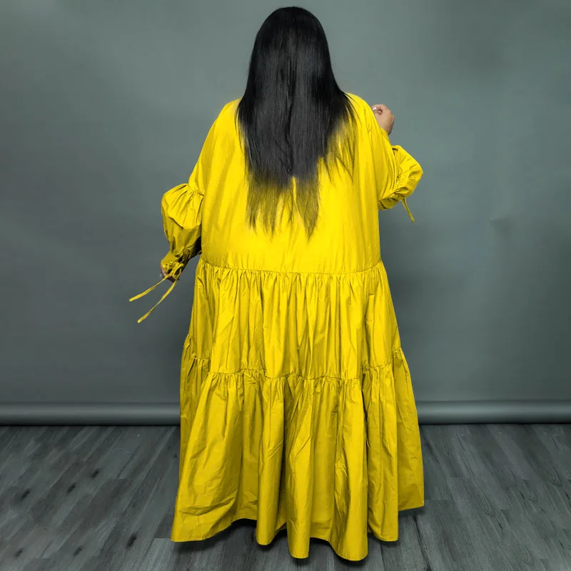 CM.YAYA Plus Size Women Lapel Collar Long Sleeve Single Breasted High Low Asymmetrical Big Swing Loose Shirt Smock Maxi Dress