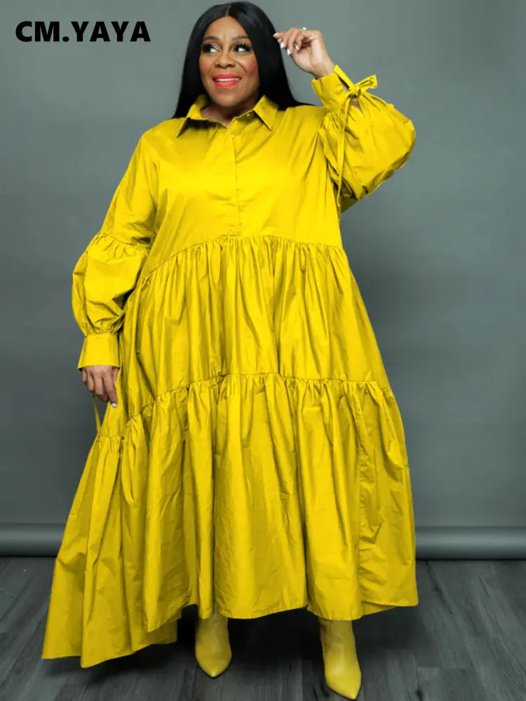 CM.YAYA Plus Size Women Lapel Collar Long Sleeve Single Breasted High Low Asymmetrical Big Swing Loose Shirt Smock Maxi Dress