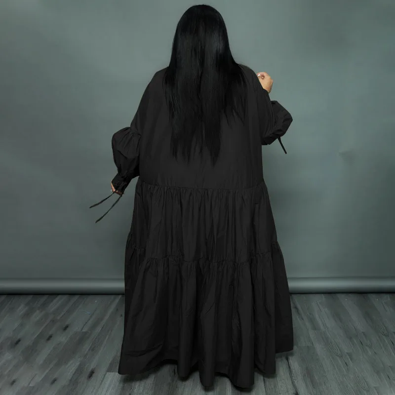 CM.YAYA Plus Size Women Lapel Collar Long Sleeve Single Breasted High Low Asymmetrical Big Swing Loose Shirt Smock Maxi Dress