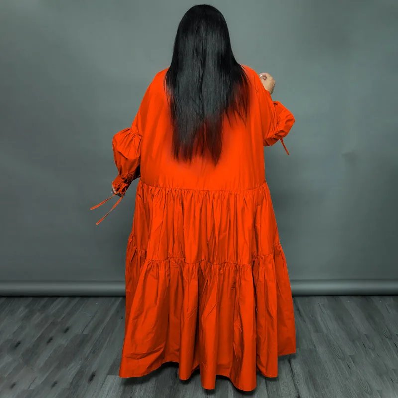 CM.YAYA Plus Size Women Lapel Collar Long Sleeve Single Breasted High Low Asymmetrical Big Swing Loose Shirt Smock Maxi Dress