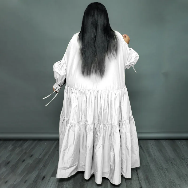 CM.YAYA Plus Size Women Lapel Collar Long Sleeve Single Breasted High Low Asymmetrical Big Swing Loose Shirt Smock Maxi Dress