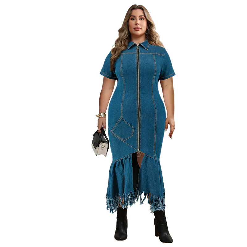 CM.YAYA Plus Size Women Short Sleeve Tassel Zip Elegant Denim Jean long Dress 2024 Summer Night Club Casual Streetwear Dresses
