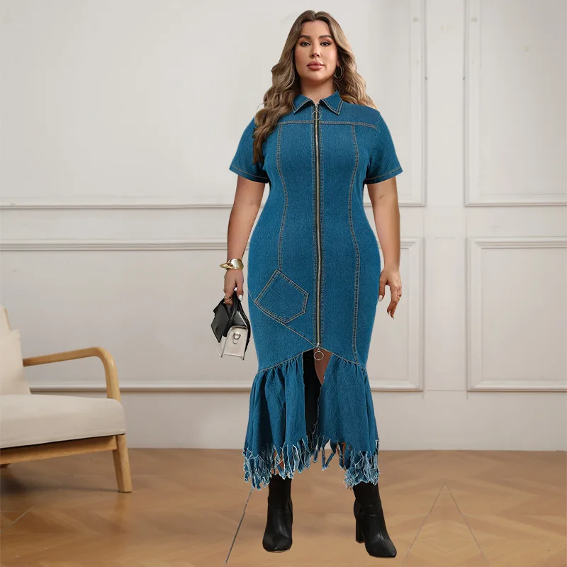 CM.YAYA Plus Size Women Short Sleeve Tassel Zip Elegant Denim Jean long Dress 2024 Summer Night Club Casual Streetwear Dresses