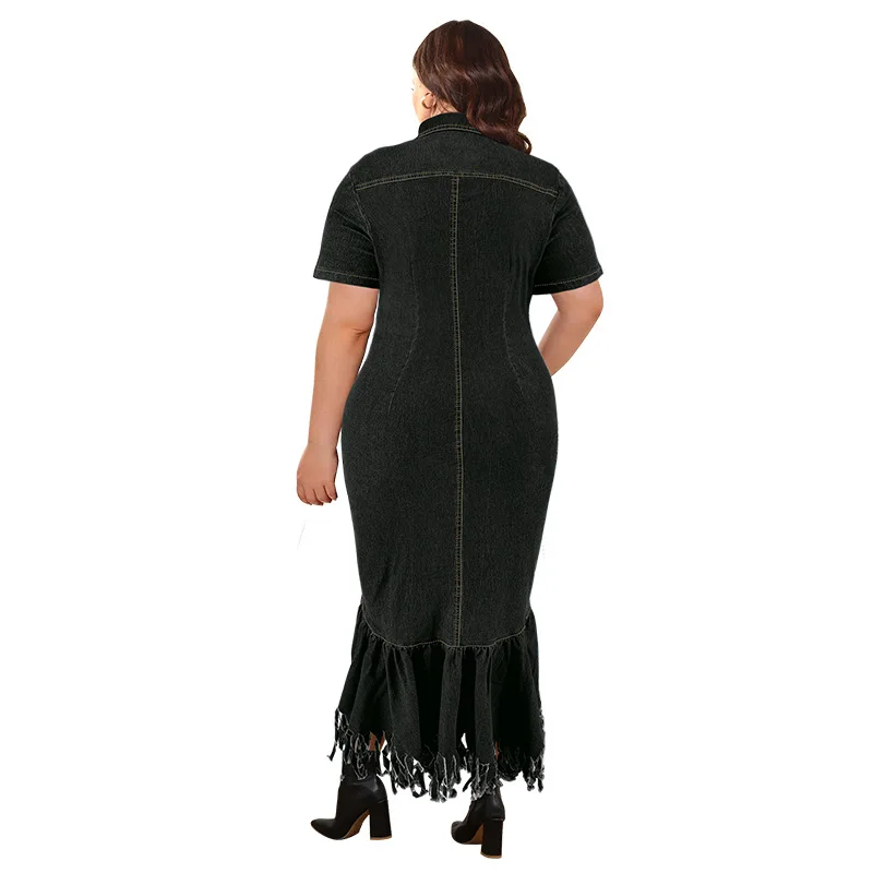 CM.YAYA Plus Size Women Short Sleeve Tassel Zip Elegant Denim Jean long Dress 2024 Summer Night Club Casual Streetwear Dresses