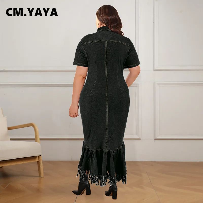 CM.YAYA Plus Size Women Short Sleeve Tassel Zip Elegant Denim Jean long Dress 2024 Summer Night Club Casual Streetwear Dresses