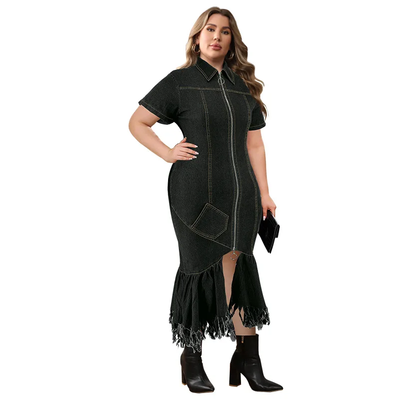 CM.YAYA Plus Size Women Short Sleeve Tassel Zip Elegant Denim Jean long Dress 2024 Summer Night Club Casual Streetwear Dresses