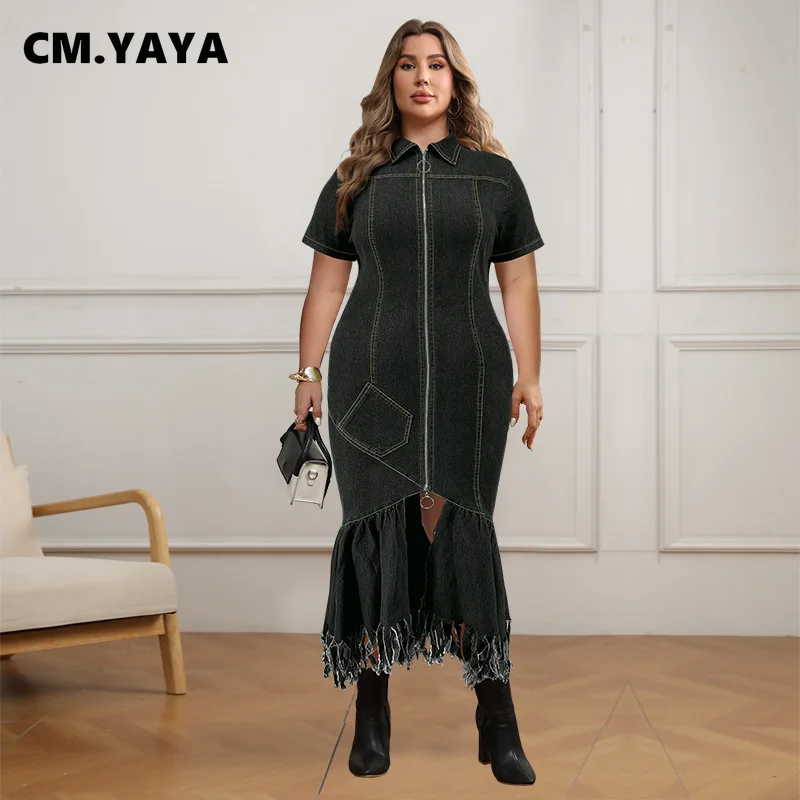 CM.YAYA Plus Size Women Short Sleeve Tassel Zip Elegant Denim Jean long Dress 2024 Summer Night Club Casual Streetwear Dresses