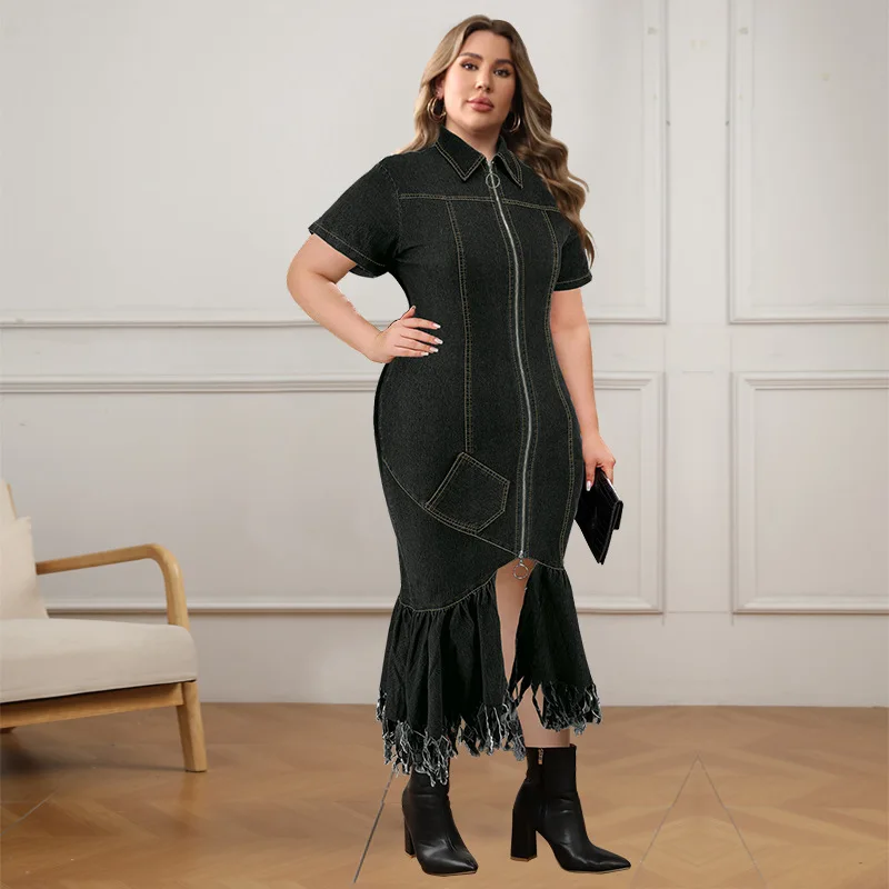 CM.YAYA Plus Size Women Short Sleeve Tassel Zip Elegant Denim Jean long Dress 2024 Summer Night Club Casual Streetwear Dresses