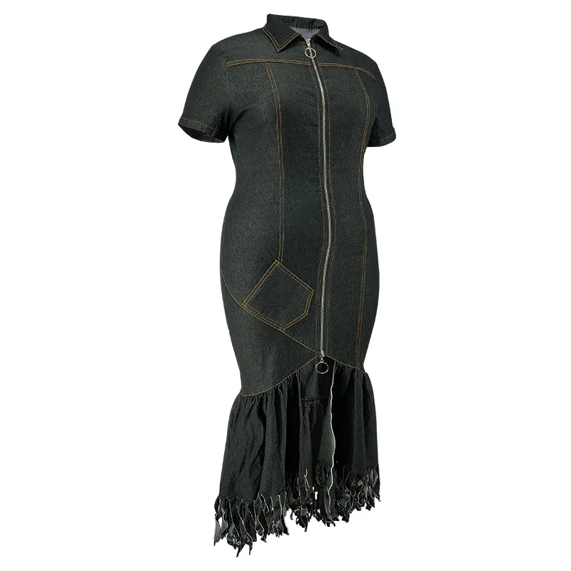 CM.YAYA Plus Size Women Short Sleeve Tassel Zip Elegant Denim Jean long Dress 2024 Summer Night Club Casual Streetwear Dresses
