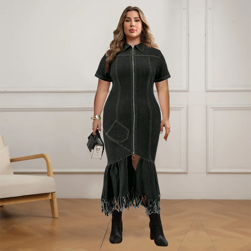 CM.YAYA Plus Size Women Short Sleeve Tassel Zip Elegant Denim Jean long Dress 2024 Summer Night Club Casual Streetwear Dresses