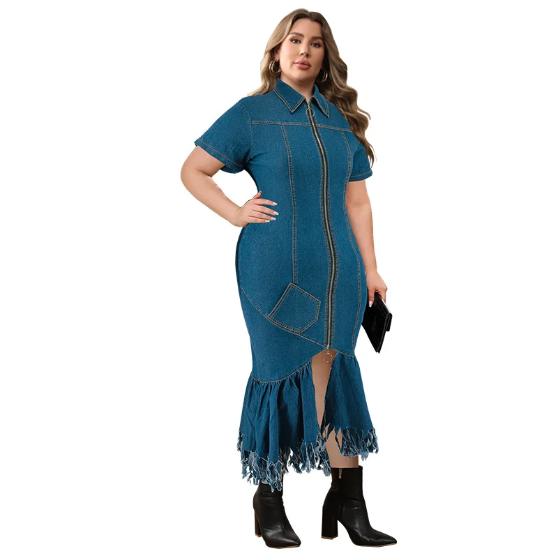 CM.YAYA Plus Size Women Short Sleeve Tassel Zip Elegant Denim Jean long Dress 2024 Summer Night Club Casual Streetwear Dresses